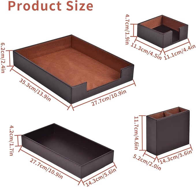 4 Pack Leather Office Supplies/Desk Organizer for Letter Paper Tray,Sticky Note Holder,Pen Cup,Stackable Small Letter Mail Sorter Tray,Workspace Decor for Women Men (Brown, 4-piece set)