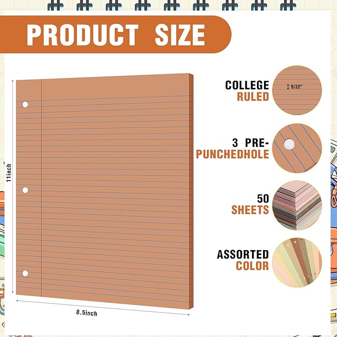 PerKoop 600 Sheets Colored Loose Leaf Paper 8.5" x 11" college ruled Lined 3 Hole Punched notebook Filler Paper for 3 Ring Binders Office School Supplies (Cute Color)