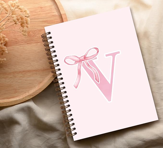 Coquette Trendy Preppy Pink Bow Spiral Notebook,Initial V Journal Personalized Teen Girl Gifts,Monogrammed Gifts for Women Teen Girl,College Ruled Hardcover Spiral Notebook 5.5 x 8.3