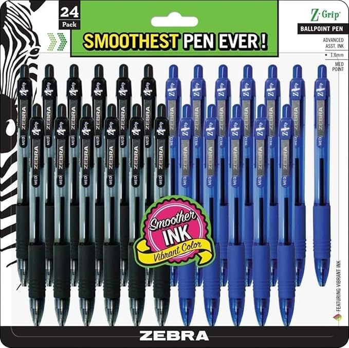 Zebra Pen Z-Grip Retractable Ballpoint Pen, Medium Point, 1.0 mm, 12 Black & 12 Blue Pack of 24