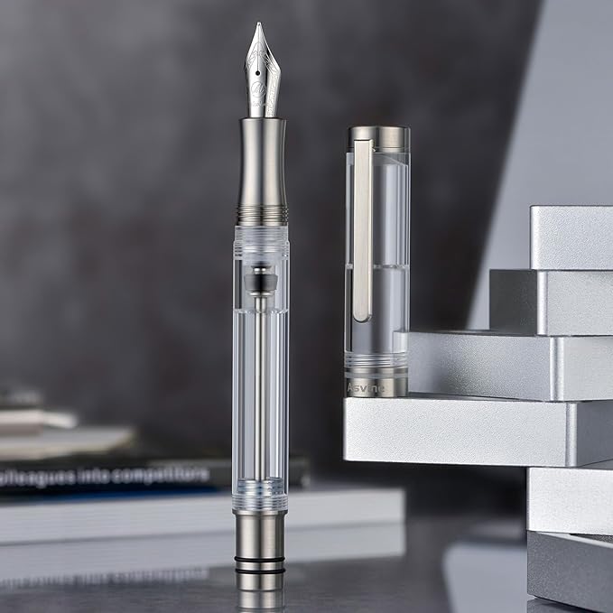 Asvine V200 Titanium Fountain Pen Vacuum Filling, Iridium Medium Nib Clear Transparent Acrylic Smooth Writing Pen Case Set