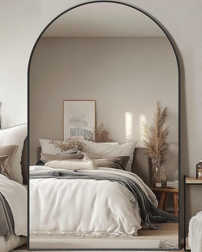 Full Length Mirror, 72"x44" Oversized Floor Mirror Freestanding, Full Body Mirror Floor Standing Mirrors with Stand, Hanging Mounted Mirrors for Bedroom Living Room, Black, Arched Style