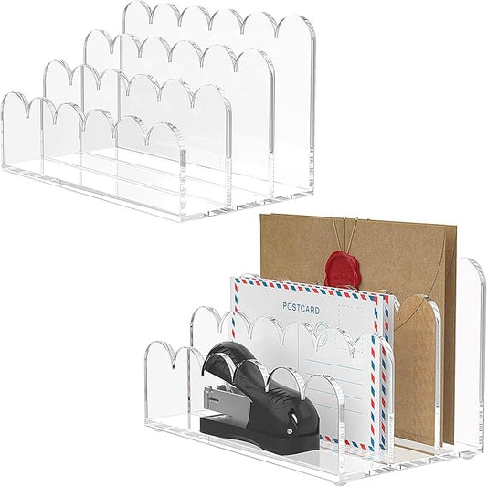 YAGELI 2 Pack 3-Slot Acrylic Mail Organizer for Desktop – Scalloped Clear Document Sorter, Vertical File Holder for Office/Home, Space-Saving Desk Organizer for Letters, Bills, Stationery