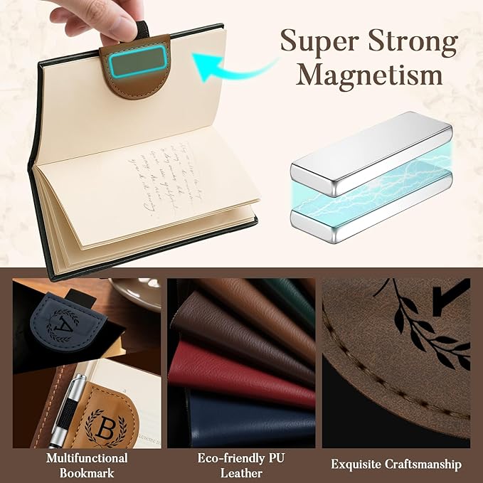 Personalized Bygone Mark Bookmark with Pen Holder,Engraving Leather Magnetic Bookmarks Vintage 26 Letters Name Initials Text Book Marker Clips Gifts for Reading Book Lovers Women (Green, N)