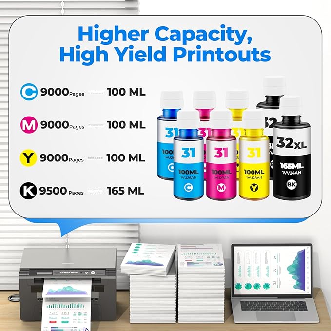 31 Ink Bottle Set, 32XL Black Ink Bottle Set Compatible with HP Smart Tank Ink 7602 5101 651 6001 5000 5103 7301 7001 7302 Printers, 31 32XL Black Ink for Smart Tank 551 5102 7002 7006, 8Pack