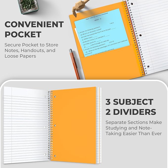 3 Subject Notebook College Ruled, 6 Pack, 150 Sheets(300 Pages), No-Bleed Paper, 3 Hole Punched, 8x10-1/2, 3 Subject Spiral Notebook for School, Home & Office, Assorted Colors