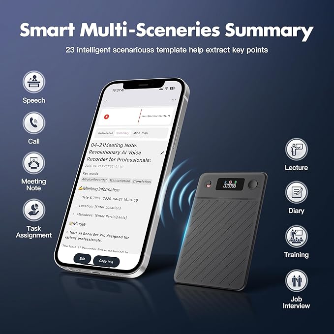 AI Voice Recorder,64GB Note Voice Recorder with Real-Time Transcribe & Summarize & Translation Powered by ChatGPT, Digital Recorder Translator Device with App Control for Lectures, Meetings, Calls