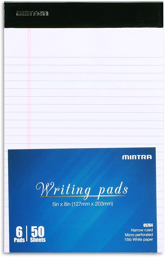 Mintra Office Legal Pads - ((BASIC WHITE 6pk, 5in x 8in, NARROW RULED))
