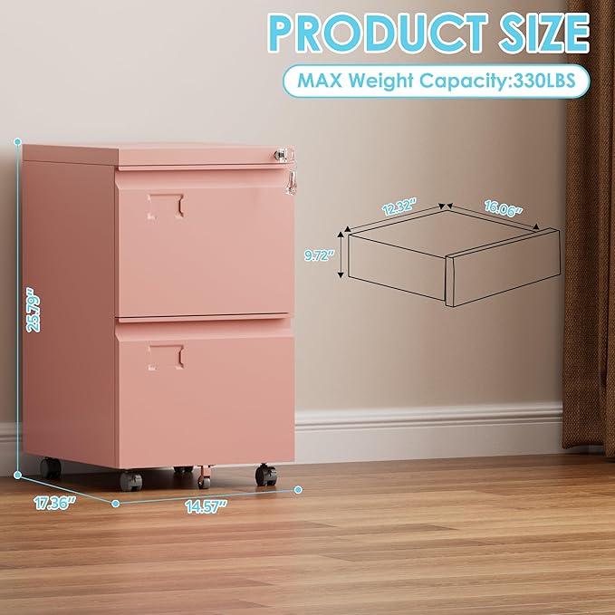 Aobabo 2 Drawer File Cabinet, Lockable Metal Filing Cabinet with Wheels for Home Office, Legal/Letter Size, Required Assembled,Pink