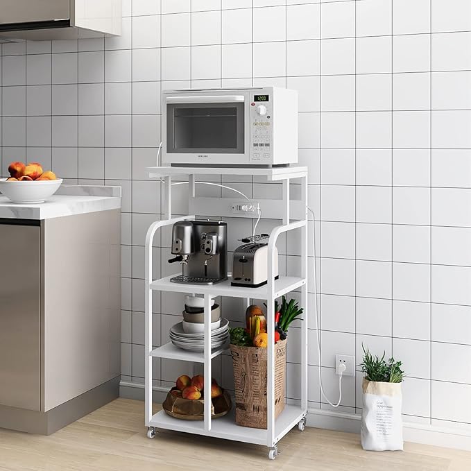 VEDECASA Mobile High Printer Stand with Power Outlet Charging Plugs USB Port Office Storage Shelf Includes Computer Tower CPU Stand Holder with Wheel (White)