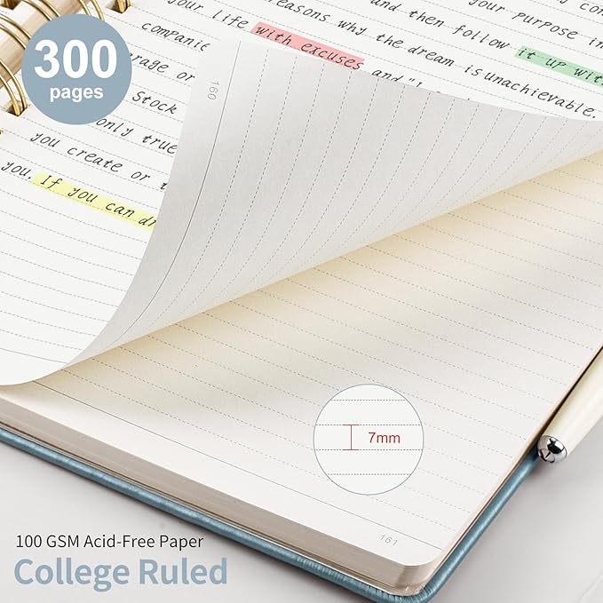 EMSHOI A5 College Ruled Spiral Notebook - 300 Numbered Pages, PU Hardcover Leather Journal with 100 GSM Thick Lined Paper for Work, Writing, Note-Taking, 5.7”x8.22” Portable Size, Gray Blue