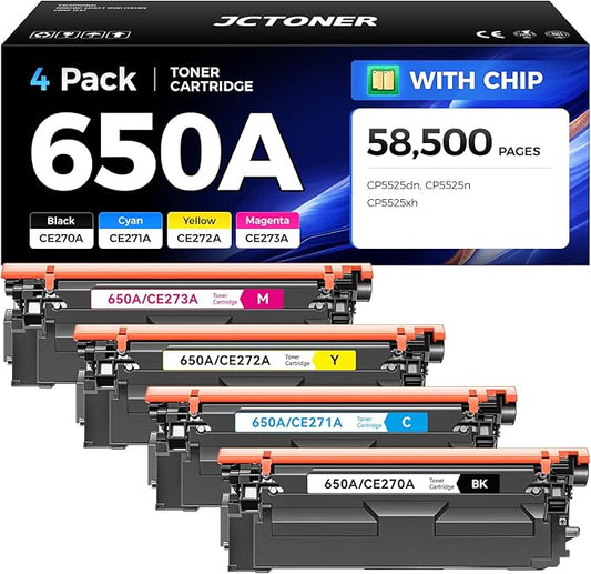 650A Toner Cartridge Set 4-Pack High Yield with Chip Replacement for HP 650A CE270A CE271A CE272A CE273A Compatible with HP Color LaserJet Enterprise CP5525 CP5525dn CP5525n CP5525xh Printer Ink Black
