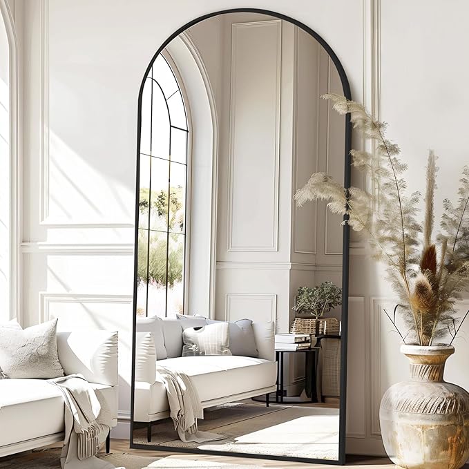 76"X34" Large Arched Floor Mirror Full Length with Stand, Black Hanging or Leaning Standing Full Length Mirror for Bedroom Living Room Gym, Full Body Mirror Wall Mounted, Tempered Glass