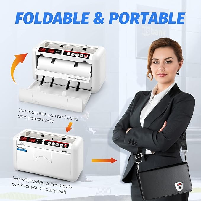 Battery Operated Bill Counter Machine, Portable Rechargeable Money Counter with UV MG Detection, 800pcs/min Counting Speed, Take Anywhere with A Backpack for Multi-Currency Or Tickets