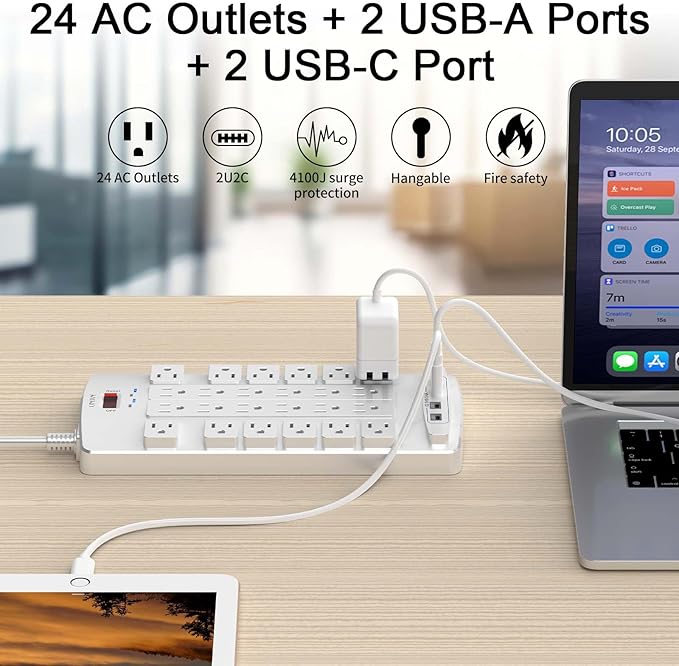 QINLIANF Surge Protector Power Strip - 20Ft Flat Plug Heavy Duty Extension Cord with 24 Outlets and 4 USB Ports(2 USB-C Ports), 1875W/15A, 4100J, for Home, Office, Dorm, ETL Listed, White