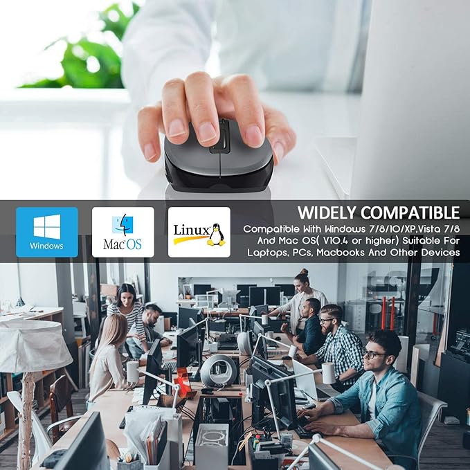 WisFox 2.4G Wireless Mouse for Laptop, Ergonomic Computer Mouse with USB Receiver and Type-C Adapter, 3 Adjustable Levels DPI, 6 Button Cordless Wireless Mice (Grey, 1 Pack)