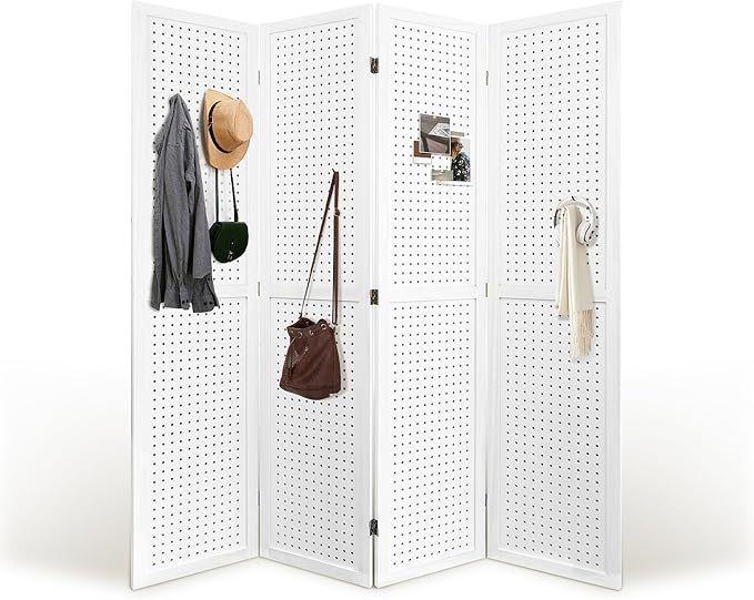 Room Divider, 5.6FT Folding Room Divider Panel, 4 Panel Pegboard Display Wood Partition Wall Divider for Room Separation& Craft Shows, White