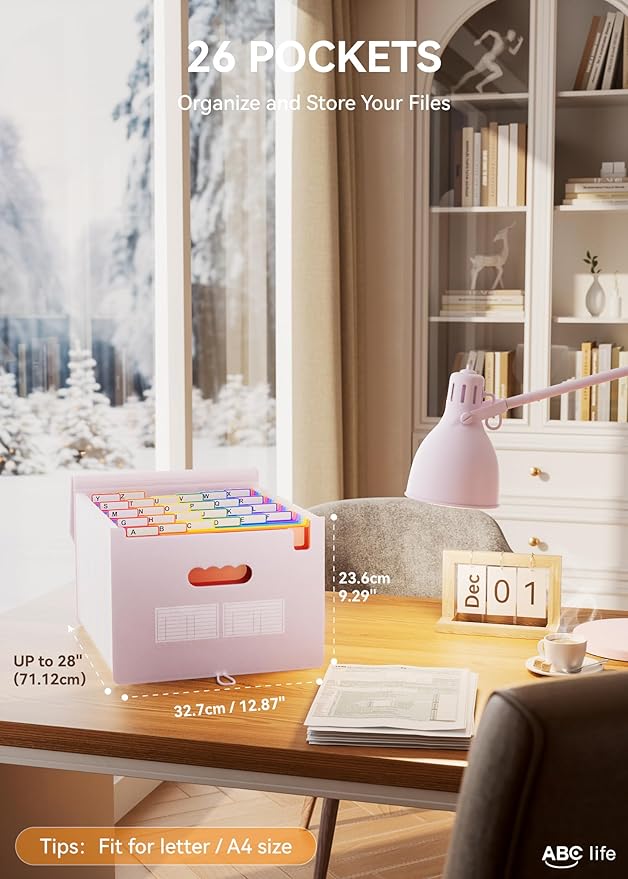 ABC life 26 Pockets Accordian File Organizer Expanding File Folders, Portable Letter A4 Size Filing Box,Plastic Monthly Receipt Document Organizer with Colored Tabs (Pinkish Purple)