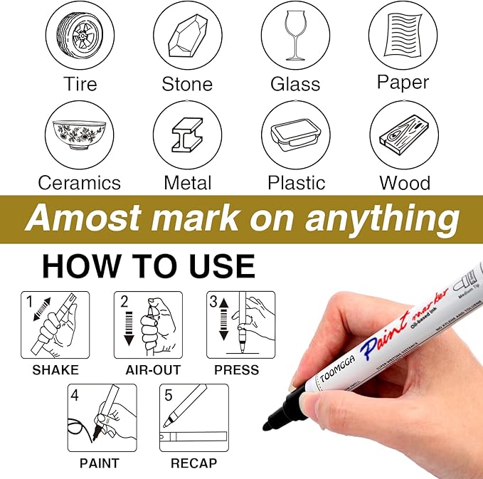 White and Black Permanent Markers Paint Pens - 6 Pack Oil Based Paint Markers, Medium Tip, Quick Drying Pens for Wood, Metal, Rock Painting, Mugs, Canvas, Clothes, Plastic Marking