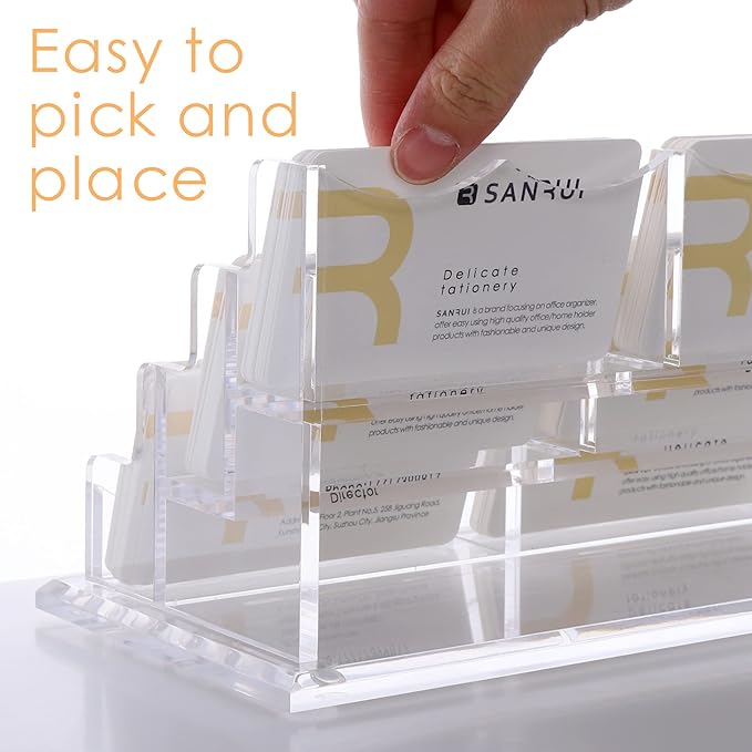 SANRUI Clear Horizontal Business Card Holder Stand for Desk, Acrylic Desktop Display Name Cards Holders Organizer Storage Rack,for Exhibition, Home , Office ,3 Tier 9 Pocket , 540 Card Capacity