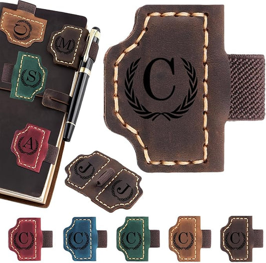 Artlaza Personalized Magnetic Leather Bookmark with Pen Holder - 26 Letters Custom Book Mark with Name Initial Engraved Book Marker for Readers, Book Lovers, Travelers - Gift for Women & Men(Brown，C