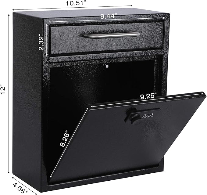 xydled Wall-Mount Mailboxes with Combination Lock, Steel Combination Lock Mail Boxes Outdoor, Locking Wall Mount Mailbox, Security Key Drop Box, 13.4H x 11.6L x 5.8W Inches, Black, Large
