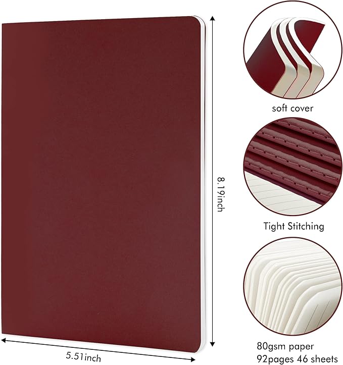 feela 8 Pack Soft Cover Journal Bulk, Notebooks College Ruled for Work, Lined Travel Journal for Women Men, Note Taking Notebook School Supplies Business Writing, 8.2” x 5.5”, A5, Wine