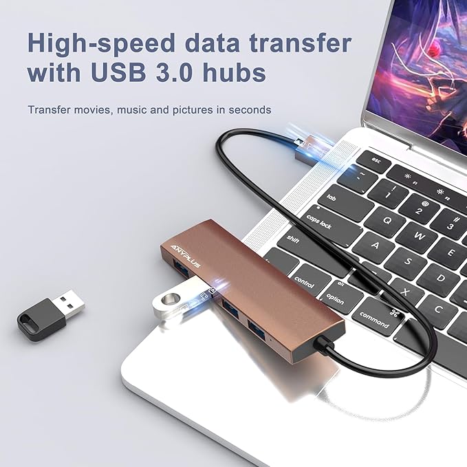 USB Hub, USB 3.0 Hub Aluminum Alloy Ultra Slim USB Splitter, Portable 4 Port USB Extender, USB Hub for Laptop, PC, MacBook, iMac, Surface Pro, Mac Pro, Flash Drive, XPS【Brown】