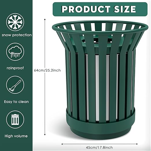 25.2IN Round Large Outdoor Trash Can, Heavy Duty Metal Slatted Garbage Can Outdoor, All Weather Resistant Commercial Garbage Cans, Waste Receptacle in Park, Beach, Patio, Green