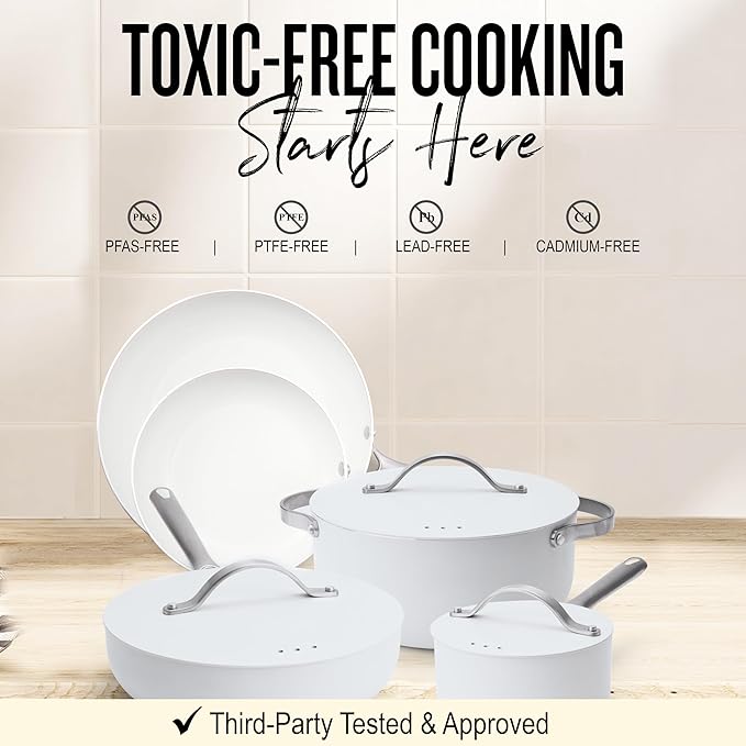 Alva Mobi 8‑Piece Ceramic Nonstick Cookware Set – Made without PFAS/PFOA/PTFE, Induction & Oven Safe, Easy‑Clean Pots & Pans with Lids, Recycled Aluminum + Stainless Handles