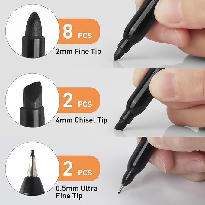 12 Black Permanent Markers with Bag - Waterproof Quick Drying Pens Set 8 Fine Tip, 2 Ultra Fine, 2 Chisel Tip Office Home School Supplies for Adults Writing Doodling Marking