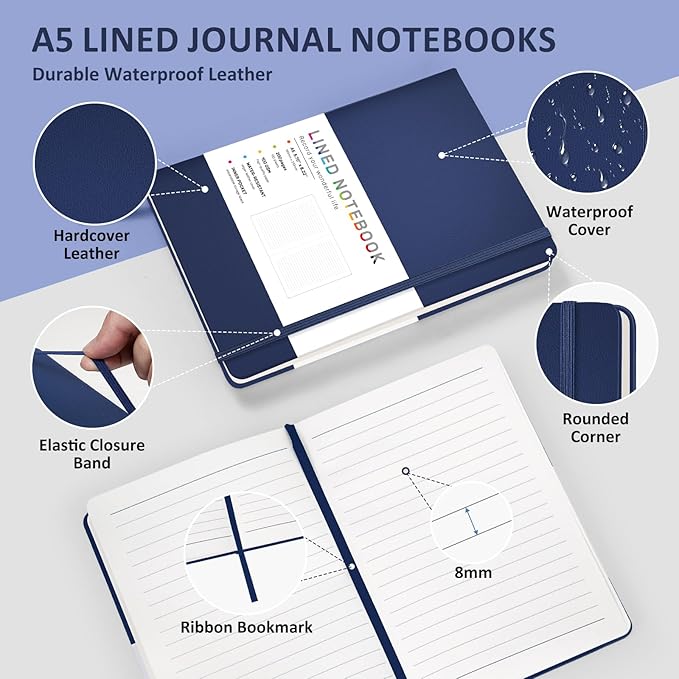 Lined Journal Notebook for Women Men, 200 Pages A5 Hardcover Leather Journals for Writing,Travel,School,Office,Work,Business,College Ruled Notebooks for Note Taking, Diary Notepad 5.7"×8.3"(Blue)