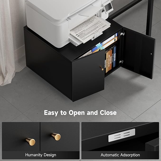 Warmiehomy Metal Printer Stand with Storage Mobile Printer Tables for Small Spaces with Door Adjustable Shelf Black File Cabinet on Wheels for Home Office
