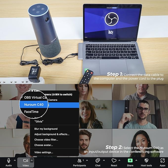 NUROUM C40(2nd Gen) 2K Video Conference Webcam with Microphone and Speaker, 5X Zoom, 4 Noise Cancelling Mics Conference Room Camera, 120°Ultra Wide Angle, 16ft Voice Pickup, for Zoom/Skype/Teams