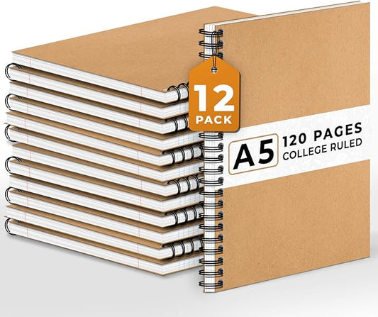 12 Pack Lined Journal Spiral Notebook College Ruled, 5.8 x 8.3, 120 Pages (60 Sheets), 100 GSM Thick Paper Notebooks, Daily Writing Journals for Men and Women, Work, Office & School Supplies