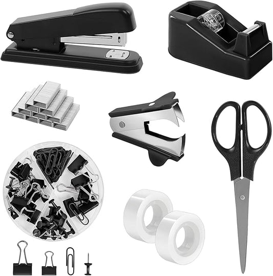 SKYDUE Black Office Supplies Set, Black Desk Accessories, Stapler, Tape Dispenser, Scissors, Binder/Paper Clips and 1000pcs Staples, Desk Supplies Set