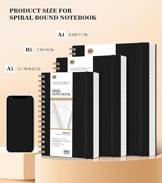 Spiral Notebook Journal College Ruled 8.5''x 11'', 360 Pages Lined Thick Journals for Women Men, A4 Large Writing Spiral Journal with 100GSM Paper, Spiral Notebooks for Work, School Black