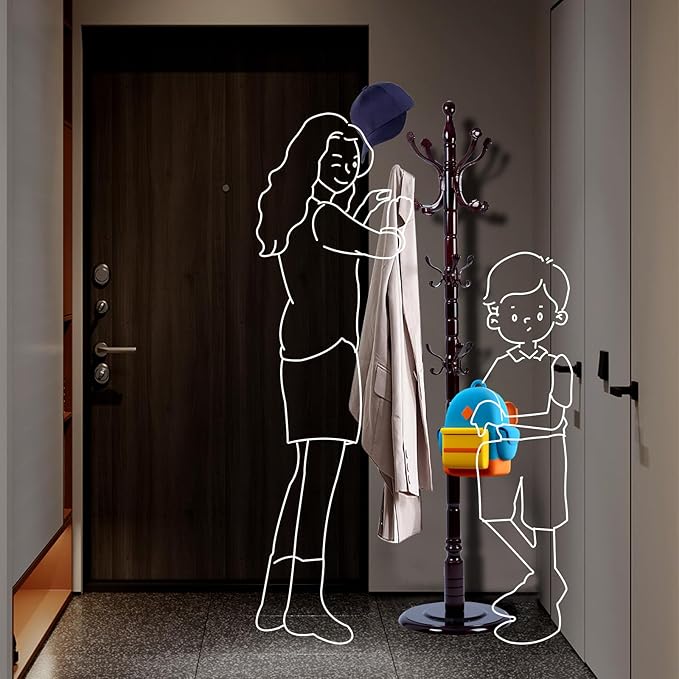 Coat Racks FreeStanding with 14 Hooks, Natural Wood Coat Rack with Solid Round Base, Adjustable Height Coat Racks, Easy Assembly for Hallway, Bedroom and Office (Rosewood Ruyi Hook)