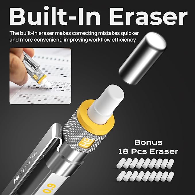 Nicpro Blocky Gear 0.9 mm Mechanical Pencils Set in Case, 3 Pack Metal Pencil 8 Tube with Lead Refills 0.9mm (HB 2B), 3 Erasers for Professional & Adult Art Writing Drafting Drawing