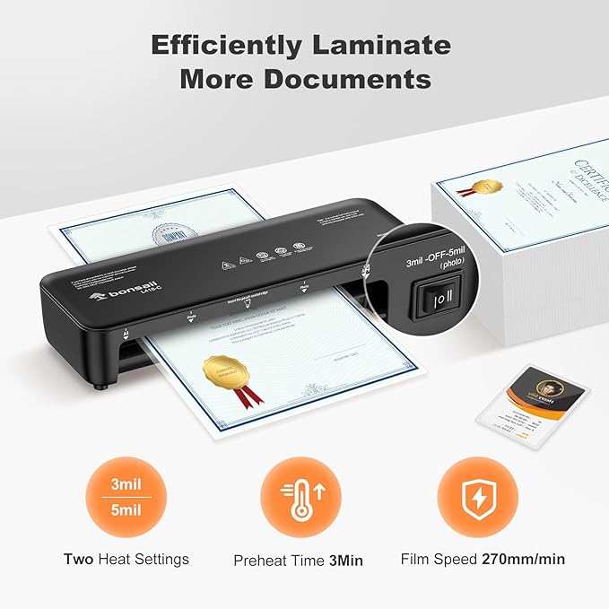 Bonsaii Laminator, 9 Inch Thermal Laminator Machine with Never Jam Technology for Doc/Posters/Photo, Personal Laminating Machine Simple Convenient for Home, Office and School Black