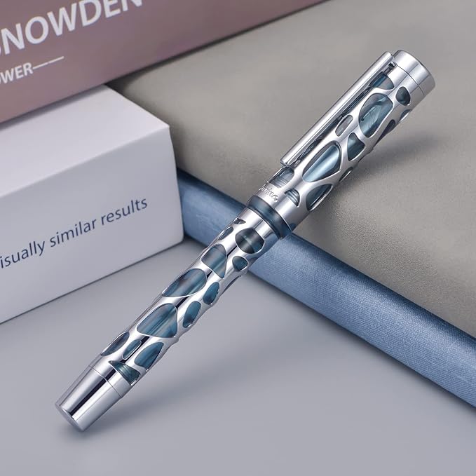 Asvine V169 Vacuum Filling Fountain Pen Medium Nib, Water Drop Skeleton Transparent Gray Blue Acrylic Pen Case Set