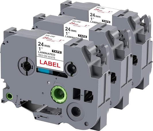 Weemay 3 Pack TZe252 24mm Red on White Laminated Label Tape Compatible with Brother Label Maker Tape TZe-252 TZe 252 TZ-252 TZ252 for PTouch PT-E500 PT-D600 PT-P750W PT-P900W Printer, 1 in x 26.2 ft