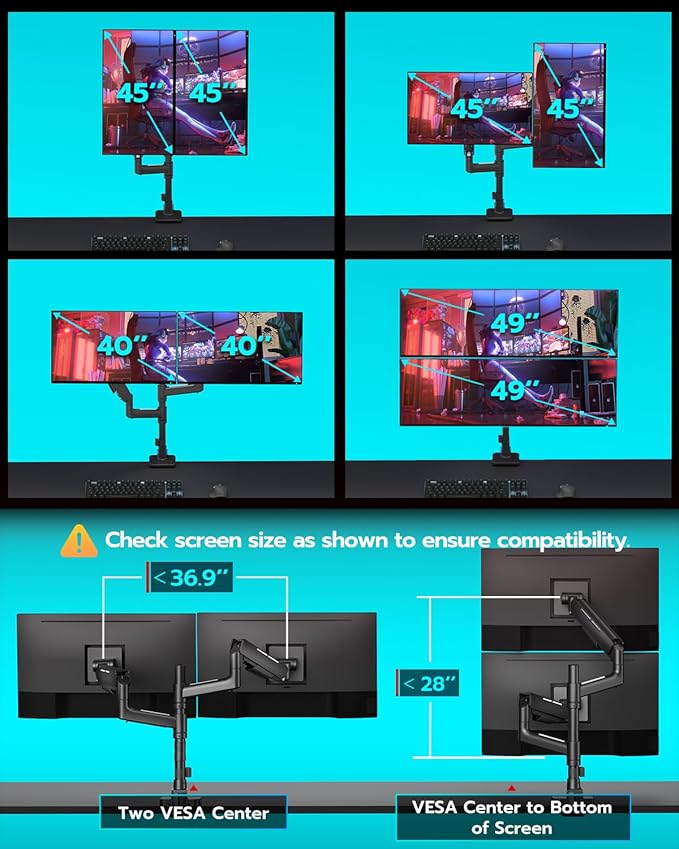 Vertical Dual Monitor Mount for 17-49 Inch Ultrawide Heavy Duty Curved Screen Stacking, Computer Monitor Arm Desk Mount with USB, Gas Spring Adjustable Vesa Stand, Black