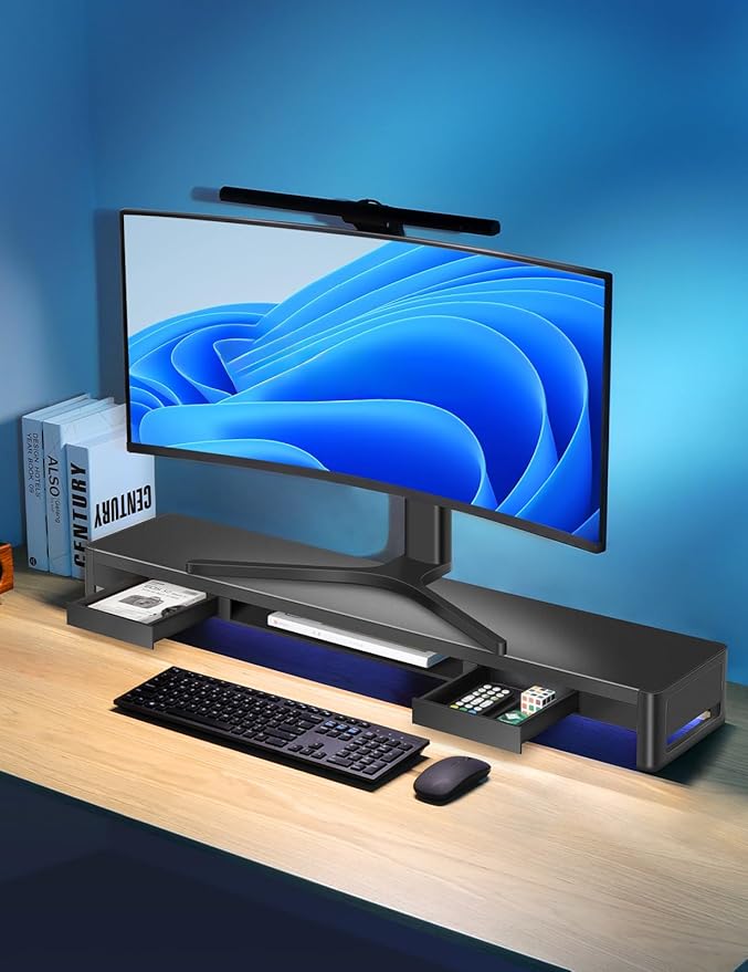 meatanty Dual Monitor Stand Riser with 2 Storage Drawers and 4 USB Ports, Metal Stand for 2 Monitors Supports Data Transfer and Charging, Desk Organizer for PC, iMac (38.7 inches)