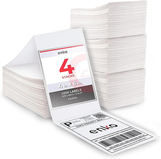 enKo Products - 4" x 6" Fanfold Direct Thermal Labels - White Shipping Labels, Perforated, Permanent Adhesive for Rollo, Zebra Printers (4 Stack, 2000 Labels) 500 Labels/Stack - Commercial Grade