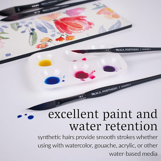 WA Portman Dagger Watercolor Paint Brushes Professional 4pc Set - 100% Vegan, Cruelty-Free Dagger Watercolor Brushes Professional - Acrylic Paint Brush Set with Triangular Comfort Grip
