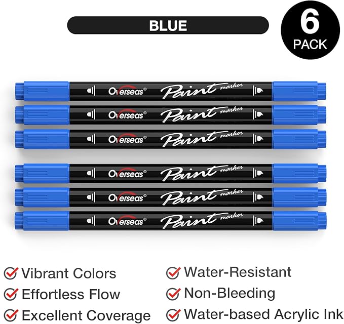 Overseas Blue Acrylic Paint Markers, 6 Pack Dual Tip Paint Pens Acrylic Markers - Dot and Brush Tip Coloring Marker for Wood, Rock, Canvas, Glass, Metal, Plastic, Rubber, Fabric, School Supplies