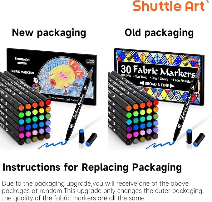 Shuttle Art Dual Tip Fabric Markers, 30 Colors Permanent No Bleed Pens for T-Shirts Sneakers, Non-Toxic & Child Safe for Kids Adult Painting Writing