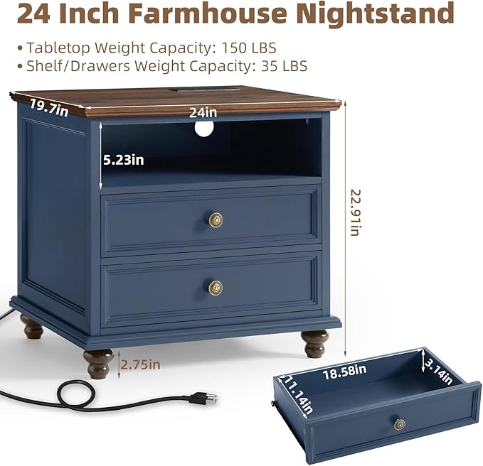 24" Wide Farmhouse Nightstand with Charging Station, End Table with 2 Drawers, Blue Wood Dresser for Bedroom Cabinet, Bed Side Table Chest of Drawers, Night Stand for Living Room, Closet