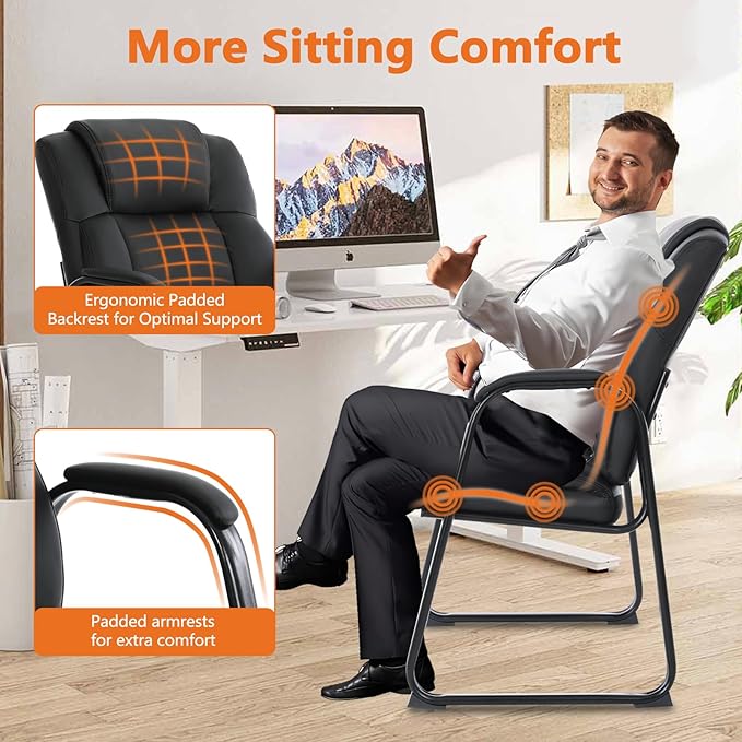 CLATINA Big & Tall 500 lb. Guest Chair, Leather Reception Chairs with Sled Base and Padded Arm Rest for Waiting Room Office Home and Meeting Conference-Black